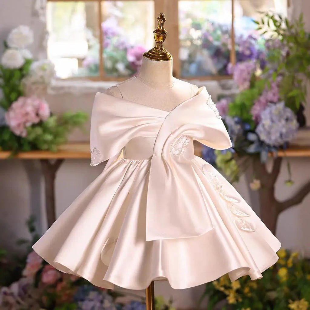 Dreamy Vow D254 Girls Satin Dress Big Bow Knot Party Gown Kids Wedding Birthday Princess Dress Children Flower Girl Outfit White