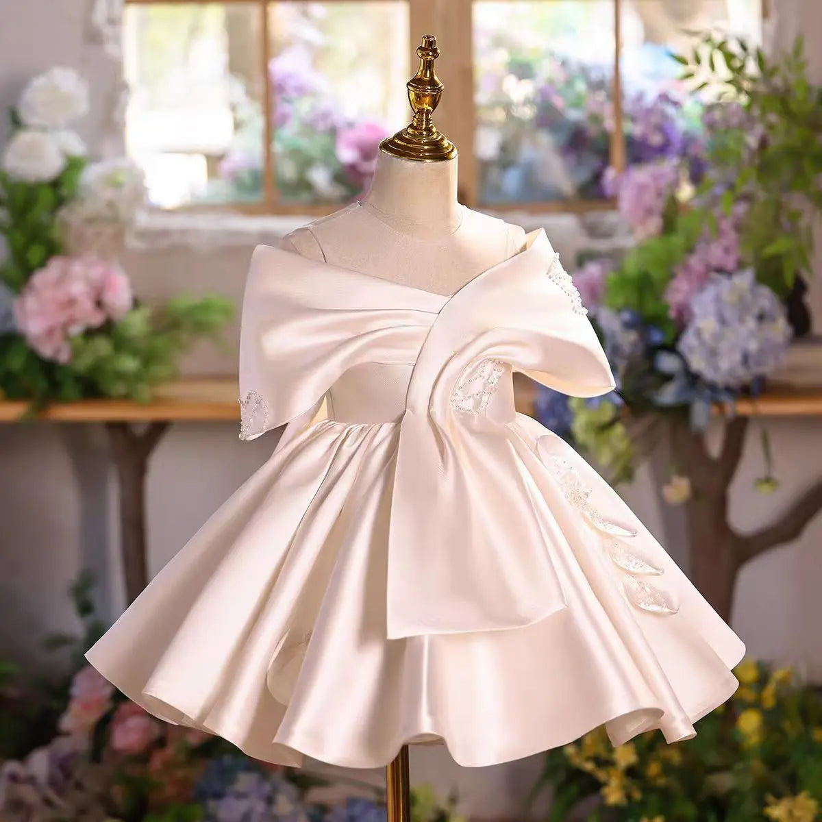 Dreamy Vow D254 Girls Satin Dress Big Bow Knot Party Gown Kids Wedding Birthday Princess Dress Children Flower Girl Outfit White