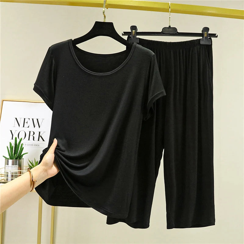 Summer Lightweight Modal Sleepwear Casual Loose Short Sleeve T-Shirt Women's Seven-Piece Pants Outdoor Large Size Leisure Set