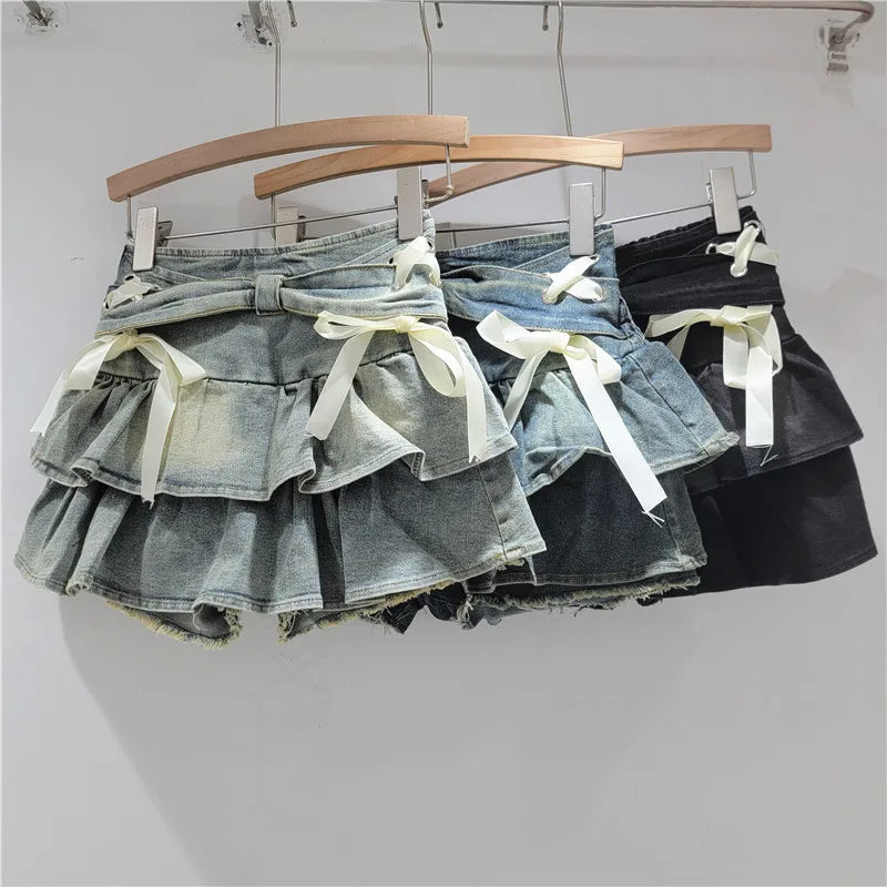 Denim Cake Skirts Women Short Skirt A Line High Waist Slim Fit Elegant Splice Y2k Streetwear Work Bow Sweet 2026 Summer