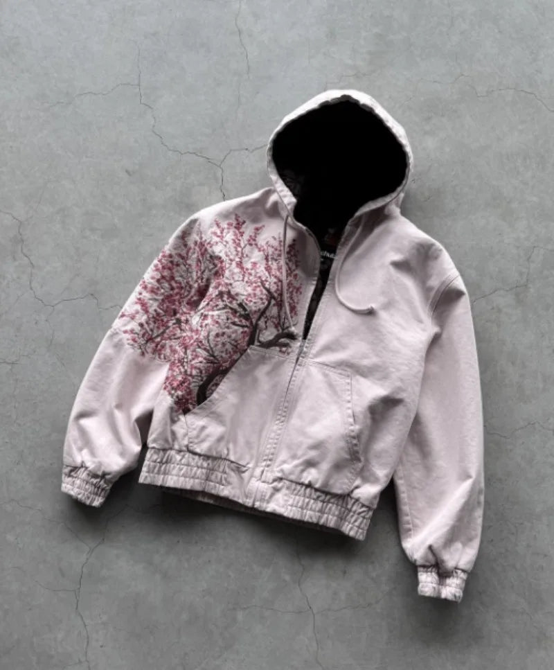 BiggOrange Plum Tree Embroidered Oversized Zipper Hoodie - Pink
