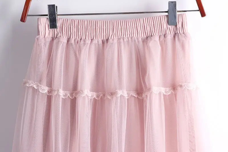 Sweet Lace A-Line Half Skirt Women's Spring Summer New Style Elastic Waist Slimming Cake Skirt High Waist Polyester Fiber