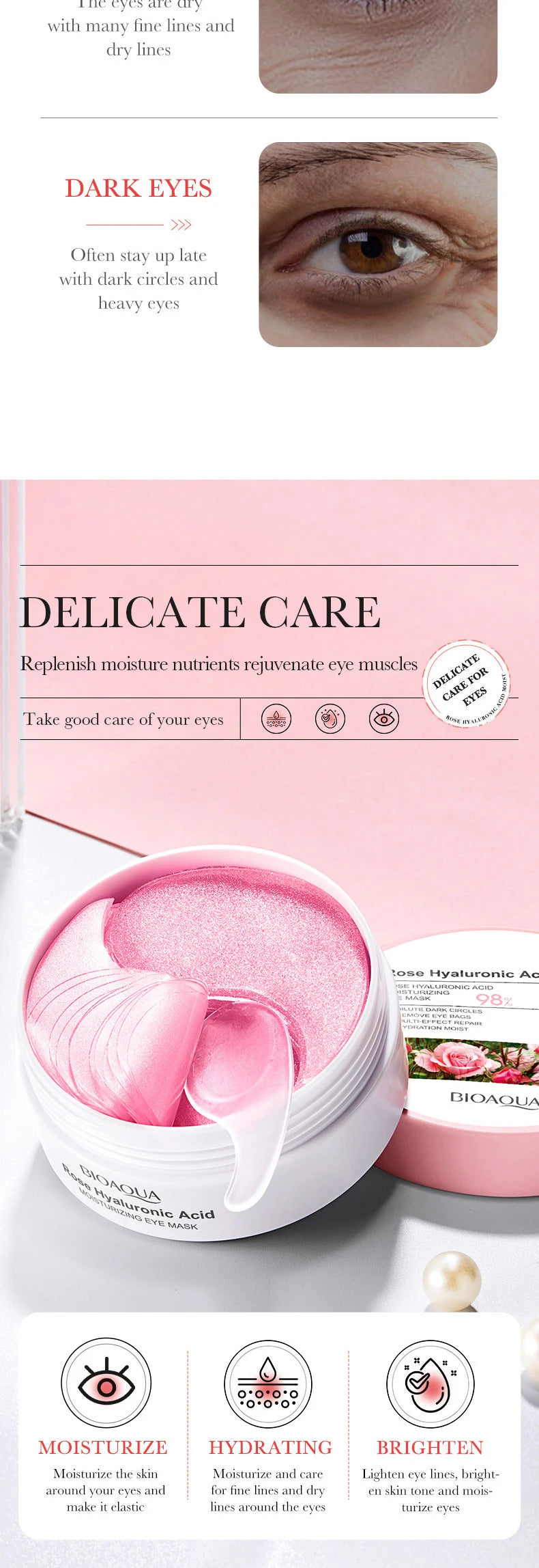 60pcs BIOAQUA Rose Hyaluronic Acid Eye Mask Anti Wrinkle Dark Circles Eye Bags Moisturizing Firming Eye Patches Skin Care