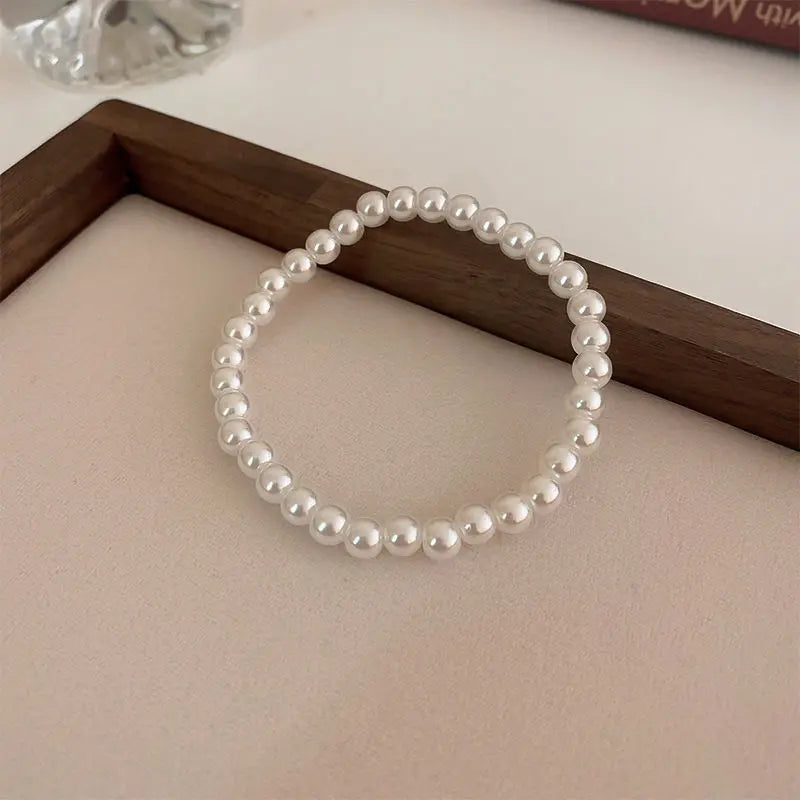 Elegant White Faux Pearl Beaded Bracelet For Women Adjustable Elastic Rope Luxury Jewelry
