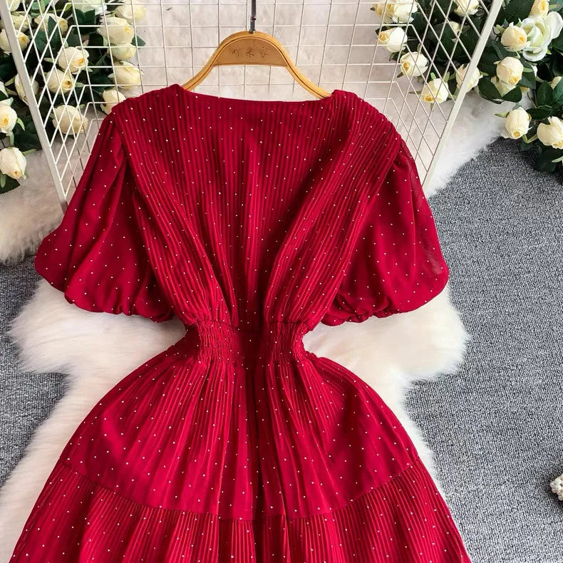 Summer Polka Dot Woman Elegant Dress Fashion V Neck Puff Sleeve Vestidos Korean A-Line Pleated Dresses 2026 Vestidos De Mujer