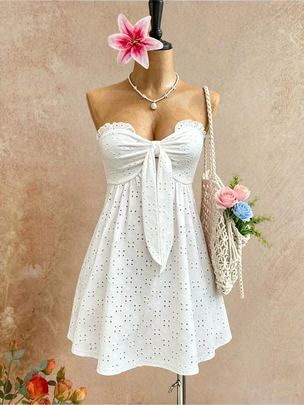 Women Strapless Ruffle Bust Front Tie Cutout Eyelet Embroidery A Line Mini Dress Solid White Summer Beach Flowy Short Dress