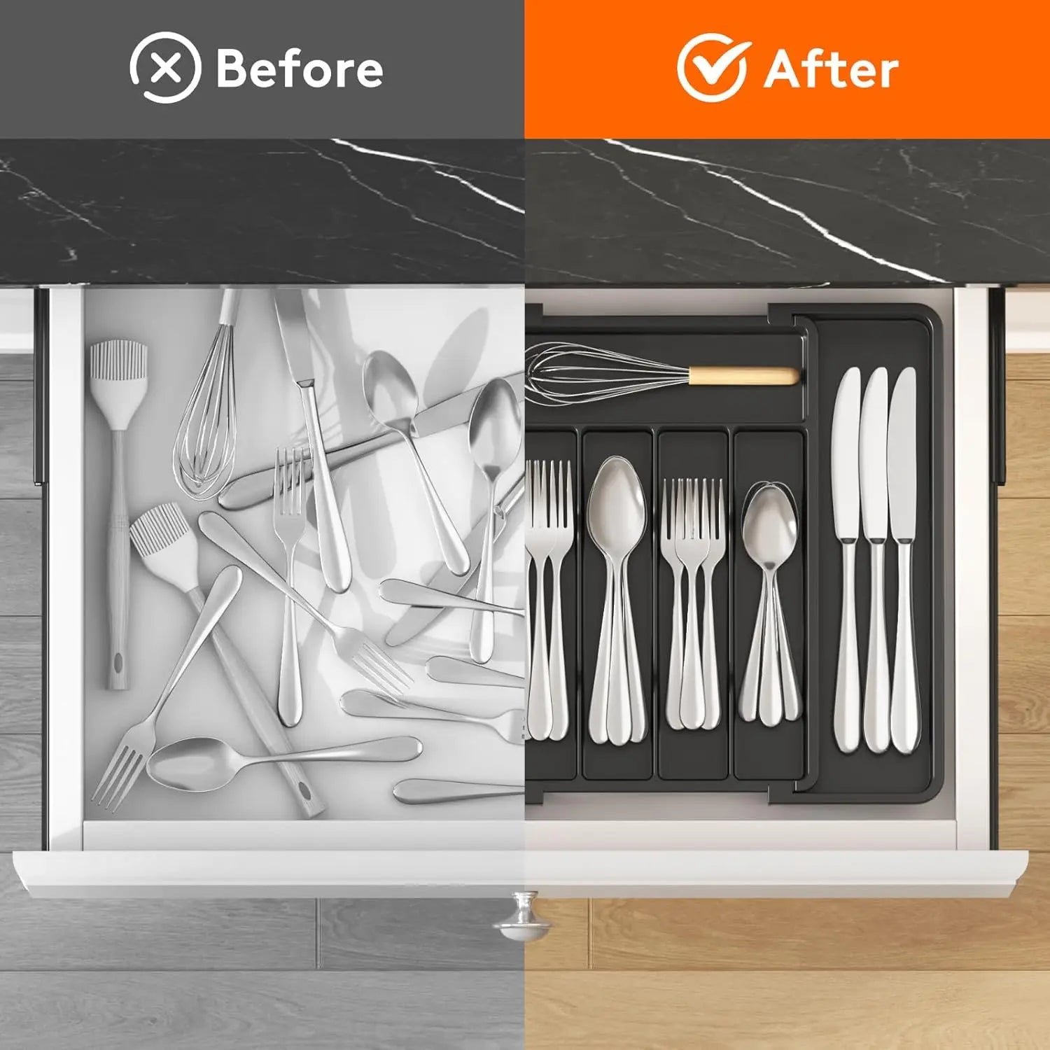 1 organizador de cubiertos plateados - Organizador expandible de cajones de cocina, organizador ajustable de utensilios, bandeja de cubiertos para tenedores, cuchillos,