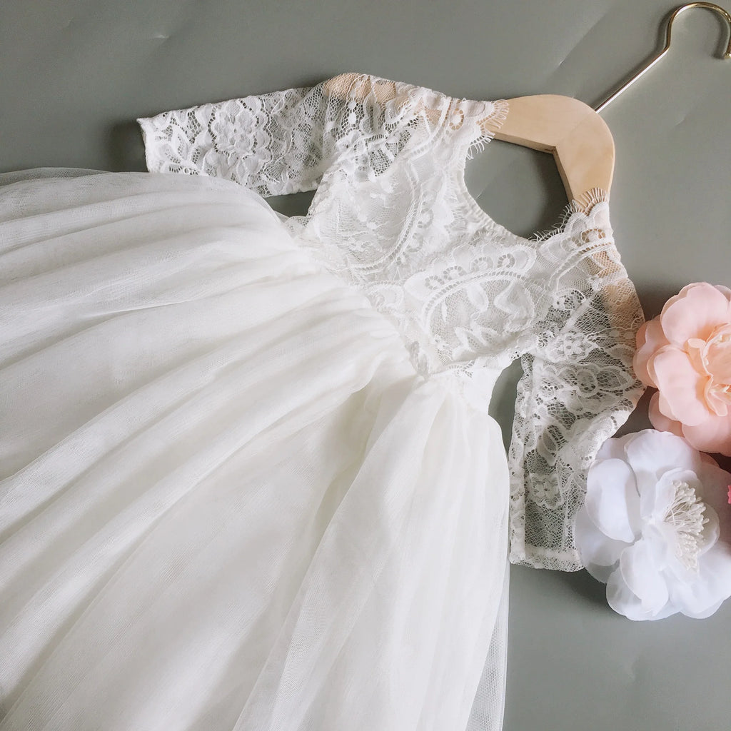 Toddler Girl Ruffles Bridesmaid Dress for Kids Lace Open Back Long Sleeve Tutus Flowers Girls Wedding Costume Clothing