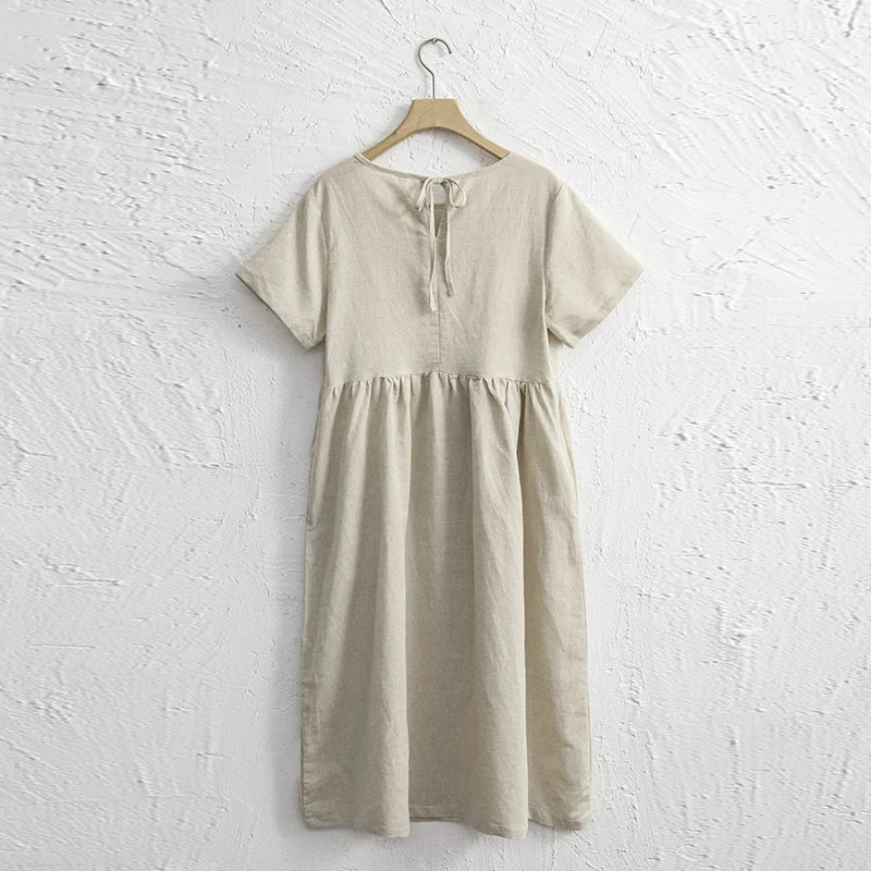 Women Cotton Linen Midi Dresses Summer Chic Female Vestidos Loose A-Line Dress Short Puffy Sleeve Casual Sundress