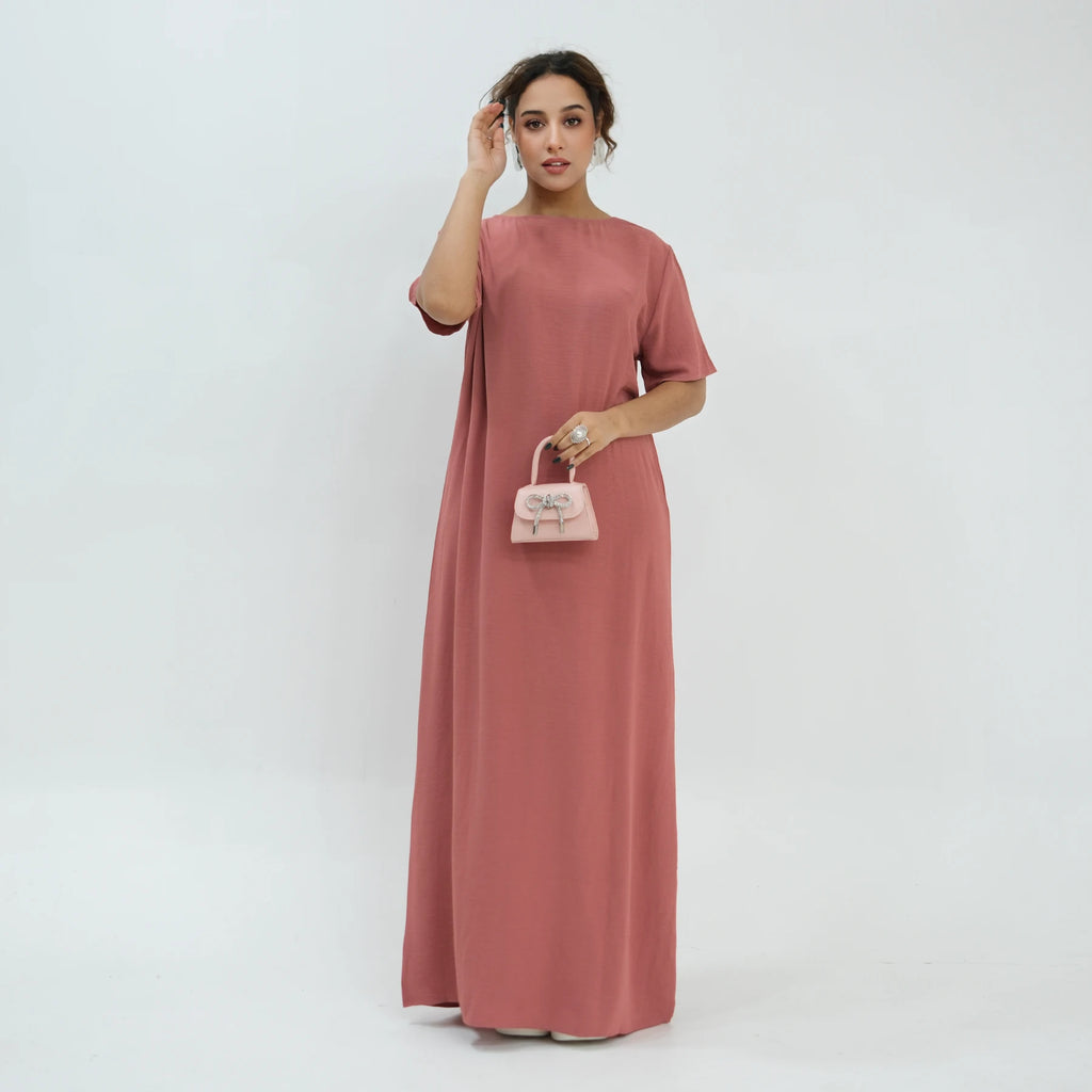 Modest Short Sleeve Women Inner Dress Basic Abaya Muslim Eid Ramadan Round Neck Maxi Loose Casual Long Versatile Fashion Kimono