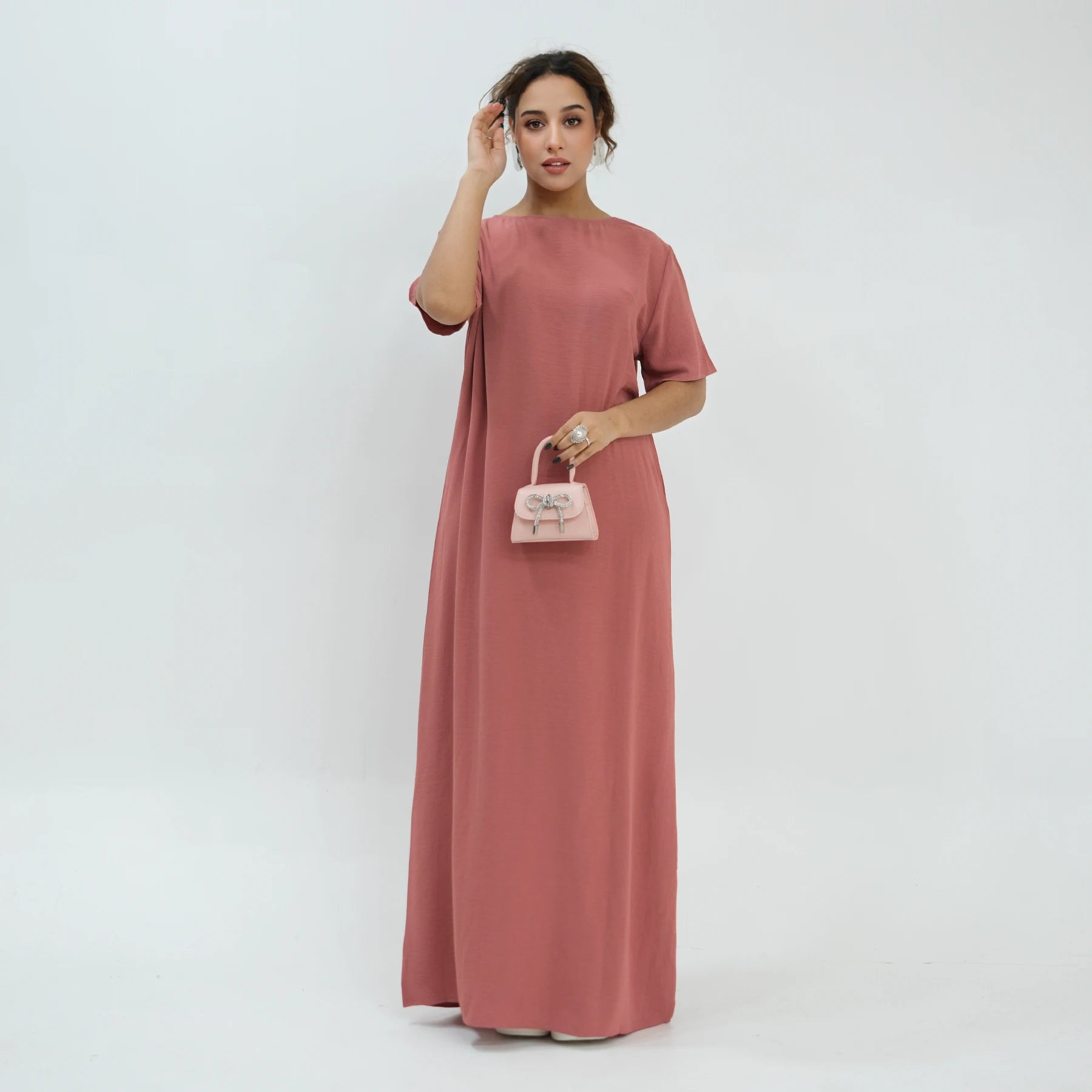 Modest Short Sleeve Women Inner Dress Basic Abaya Muslim Eid Ramadan Round Neck Maxi Loose Casual Long Versatile Fashion Kimono