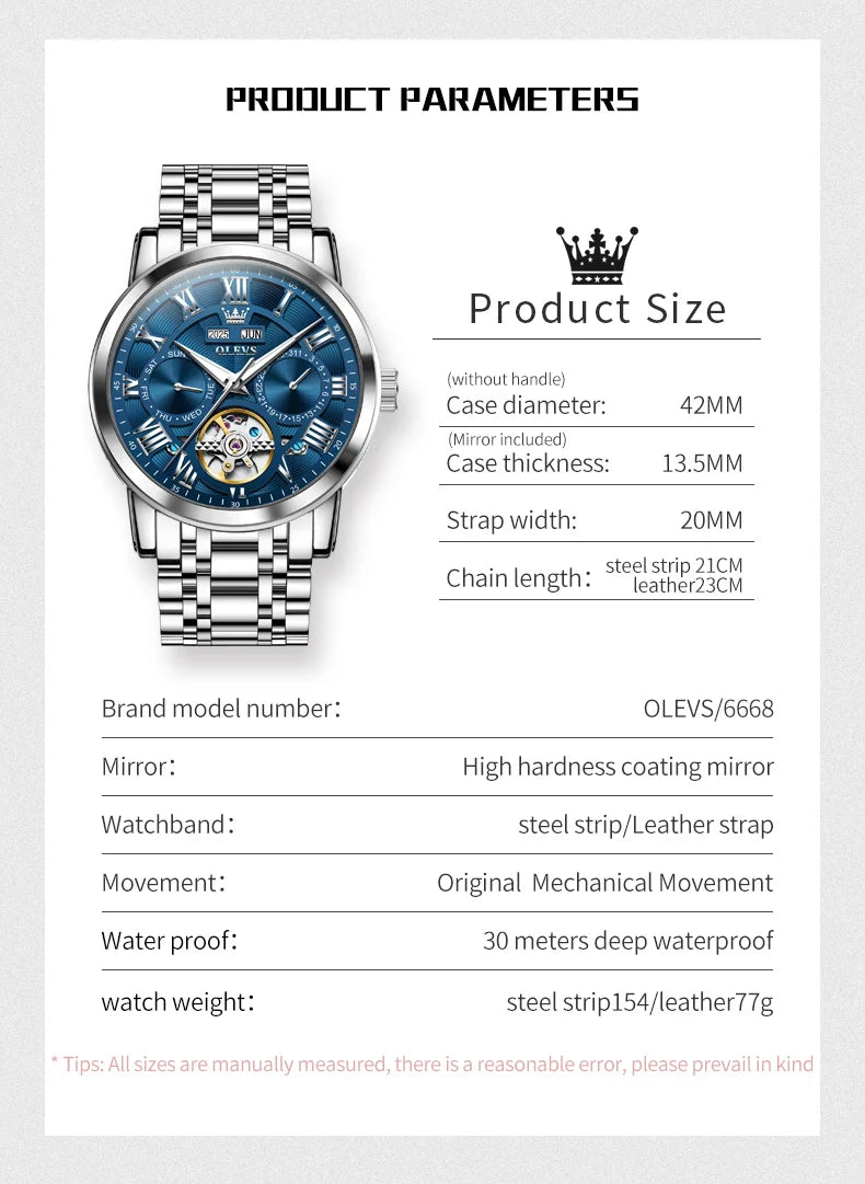 OLEVS 6668 Original Men's Watch Multifunctional Skeleton Waterproof Stainless steel Strap Business Automatic Mechanical Watches