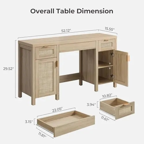 (Local US Inventory)52 Inch Rattan Vanity Desk with 3 Drawers and 2 Cabinets Large Boho Farmhouse Makeup Dressing Table Wooden H