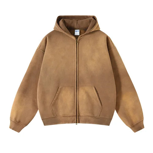 Men'S Zip Up Hoodies Tie Dye Washed Double Oversize Cardigan Sweatshirt Loose Plus Plush Gradient Man Hooded Pullovers Winter