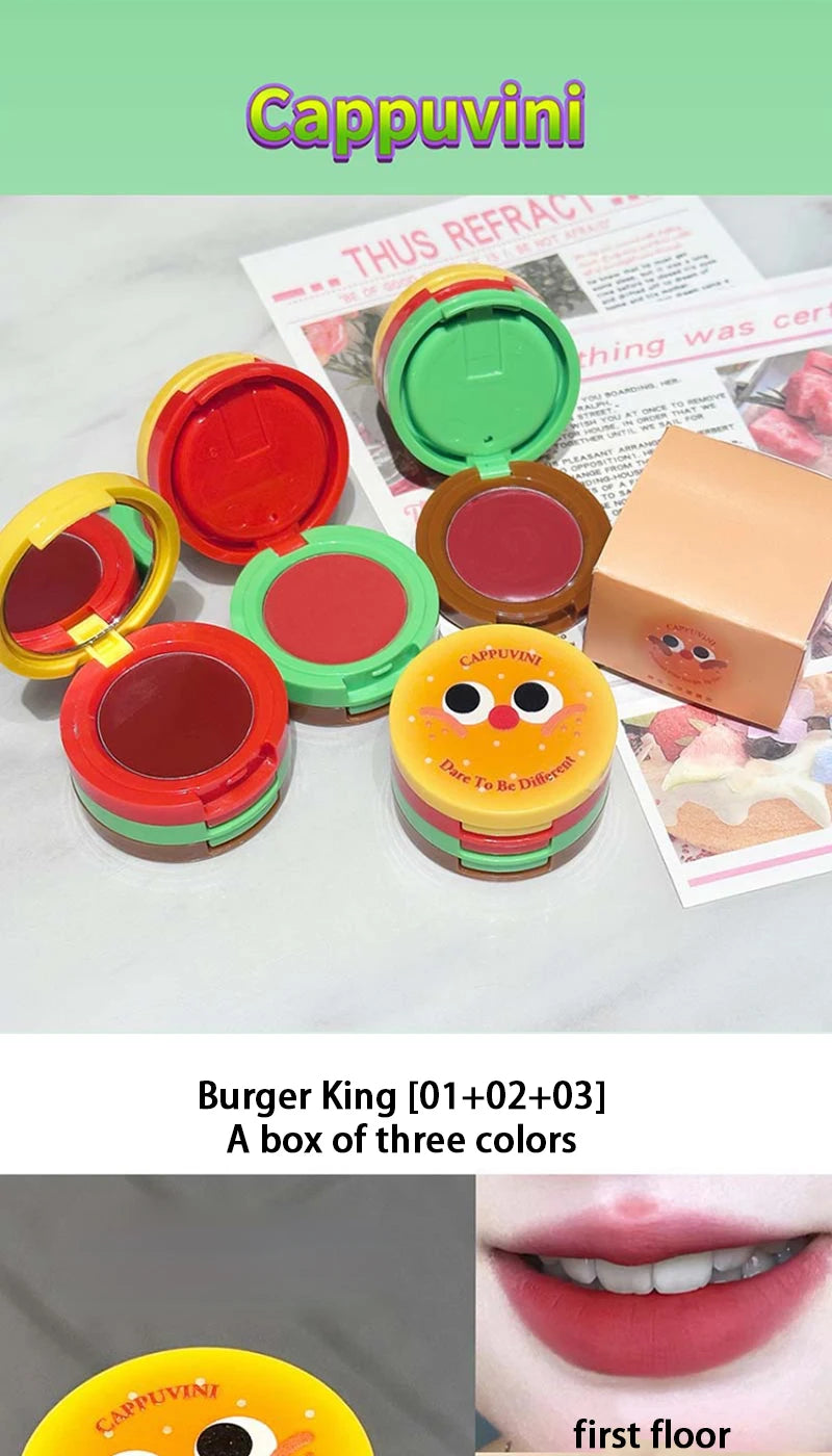 Cappuvini Velvet Lip Mousse - Matte Butter Formula, Long-Lasting Non-Drying, Cute Hamburger Design ,Compact and portable