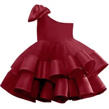 One Shoulder Baby Girls Party Dress Pink White Kids Princess Gown Tulle Ribbon Layer Children's Clothes Birthday Outwear 2-13Y