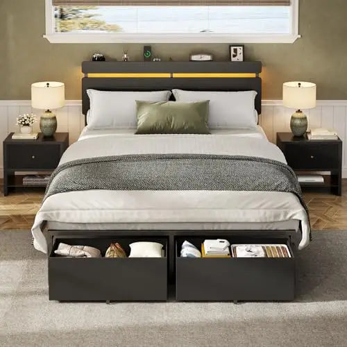 Full Size Bed Frame with Wood Headboard,2 Storage Drawers & Shelf | Built-in Charging Station & LED Lights, Metal