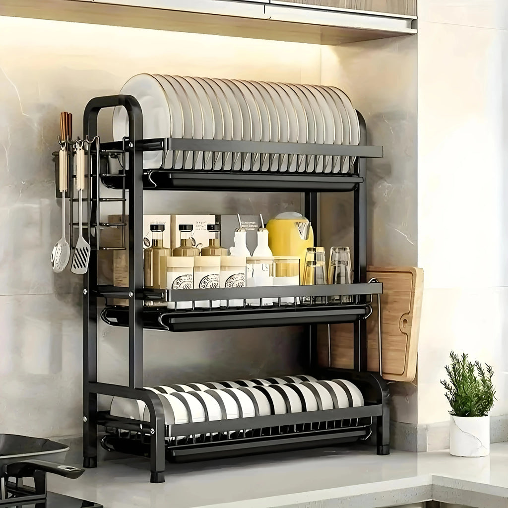 Large 2-3 Tier Vertical Dish Rack/Utensil Holder, Kitchen Storage Rack with Quick Drainage System, Knife and Fork Holder, Cutting Board Storage, Drying Rack - Heavy-Duty Carbon Steel Multifunctional Utensil Organizer, Suitabl