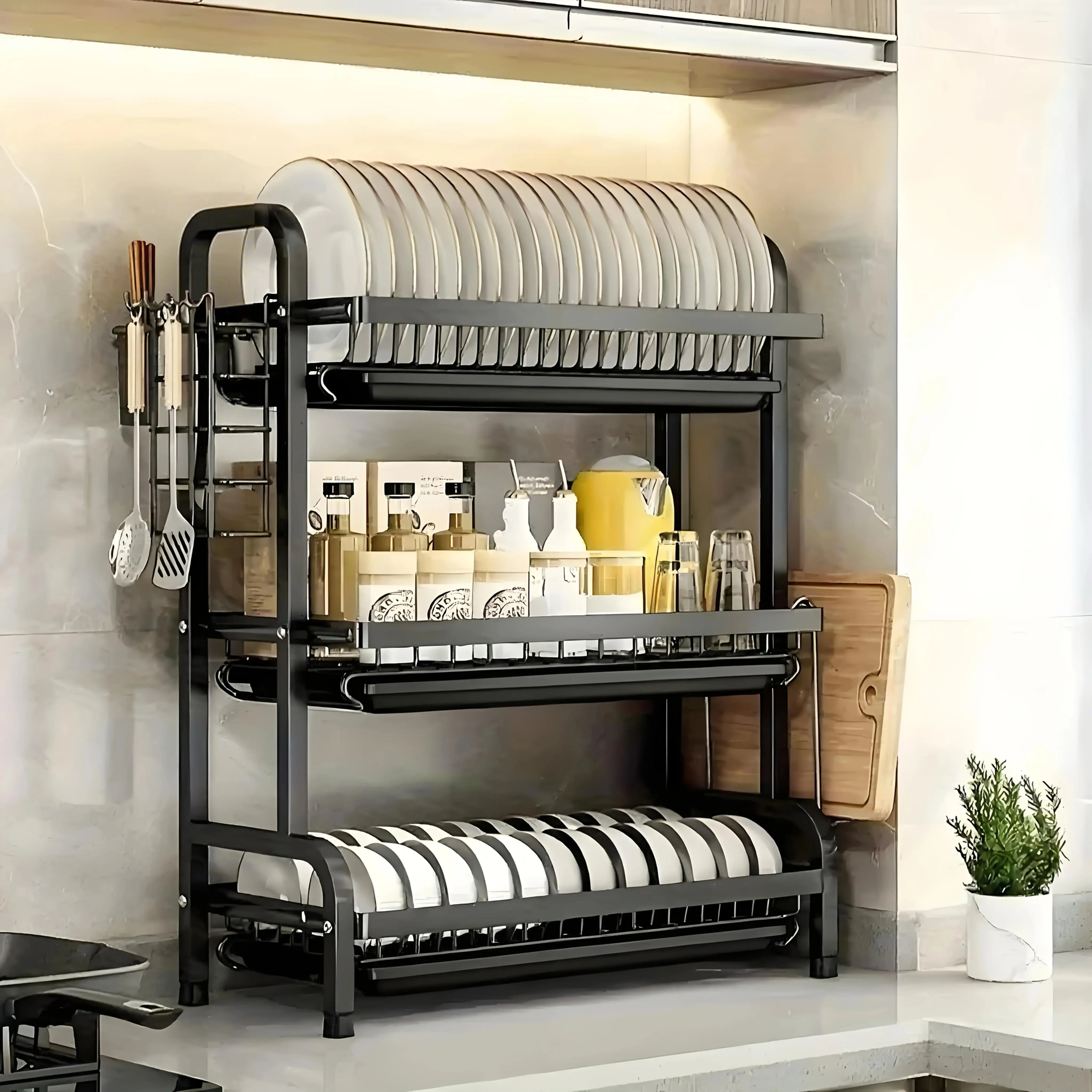 Large 2-3 Tier Vertical Dish Rack/Utensil Holder, Kitchen Storage Rack with Quick Drainage System, Knife and Fork Holder, Cutting Board Storage, Drying Rack - Heavy-Duty Carbon Steel Multifunctional Utensil Organizer, Suitabl