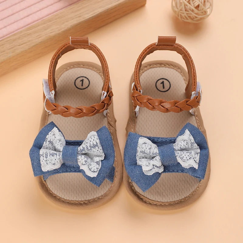 2025 Infant Baby Girls Summer Sandals with Flower Bowknot Soft Sole Wedding Dress Flats Newborn First Walkers Crib Dress Shoes