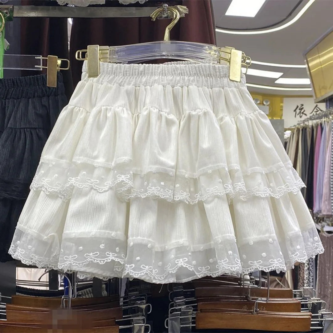 Japanese Y2k Cute Ruffled Plaid Skirt Subculture White Lace Cake Skirts Preppy Casual New Women Princess Puffy Skirts Mini Skirt