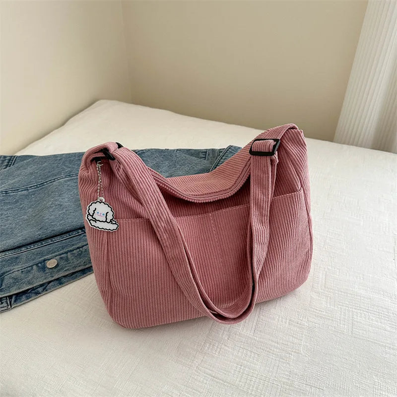 Women’s Corduroy Shoulder Bag, Casual Striped Large Capacity Tote with Zipper Closure, Cute Hat Patch, Perfect for Everyday Use