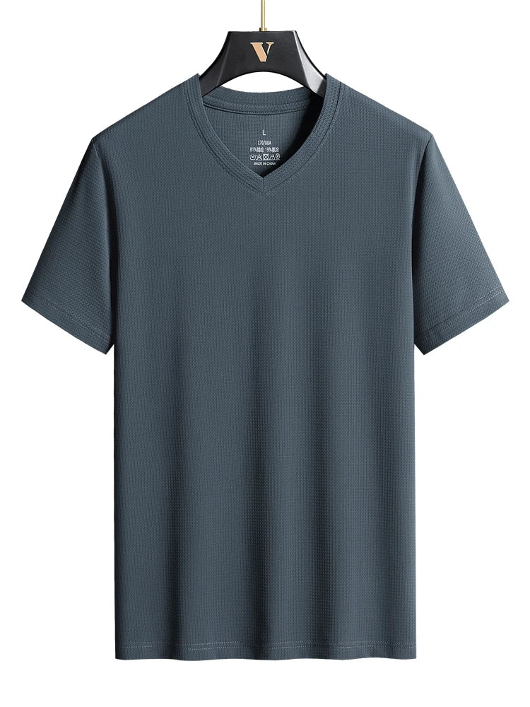 Plus Size 7XL 8XL 9XL Summer V-Neck T-shirts For Men Ice Silk Cooling Quick-dry Breathable Men's Short-sleeved T Shirts