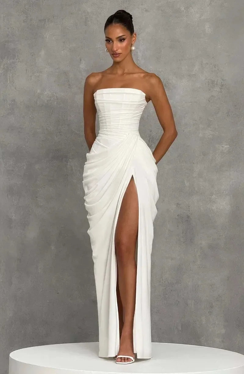 Elegant Strapless Ruched Maxi Dress Sexy Backless Lace Up Cinched Waist Slit Draped Bodycon Dresses Cocktail Party Evening Gown
