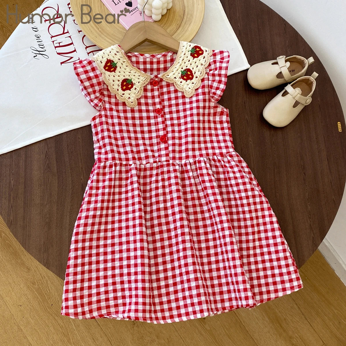 Humor Bear Girl Casual Dress 2026 New Fashion Strawberry Crochet Collar Plaid Flying Sleeve Dress Cute Outfits Girls Vestidos