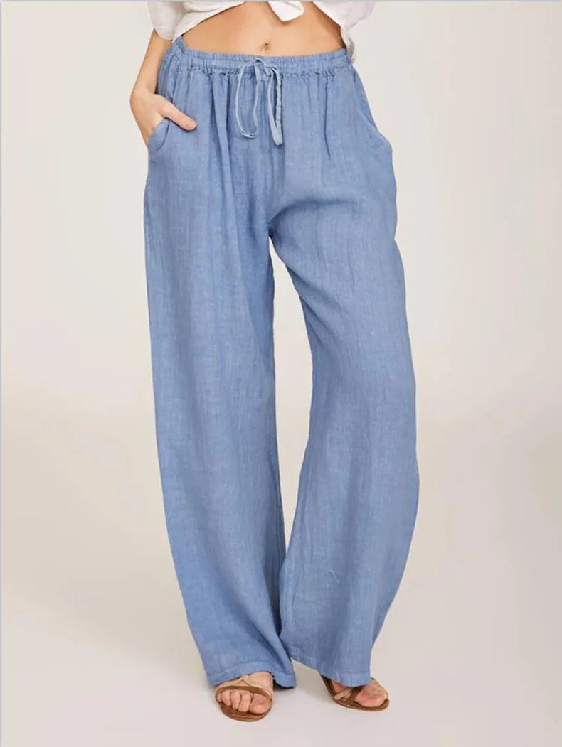 Wide Leg Linen-Blend Casual Pants | Loose Fit Women's Trousers
