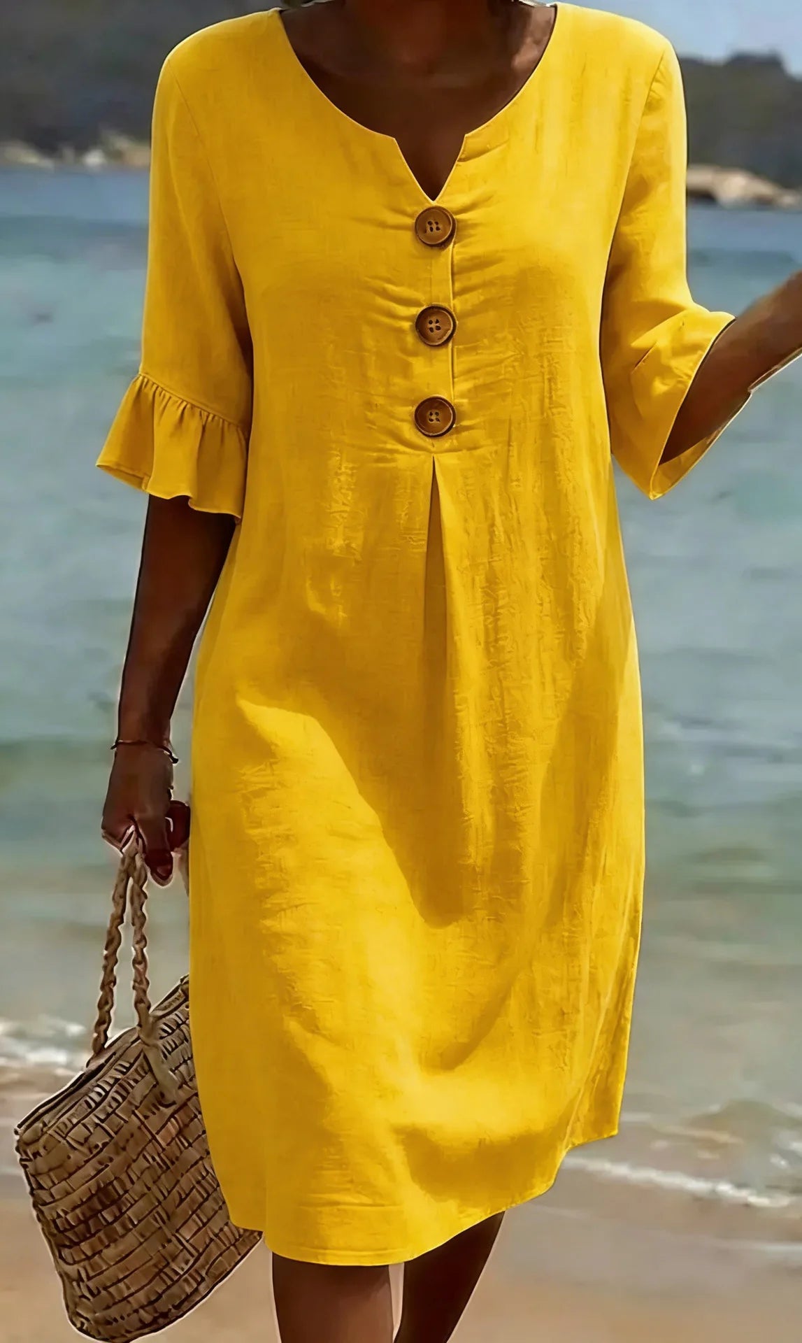 Simple Casual Women's Solid Color Midi Dress V Neck Button 3/4 Sleeve Loose 2026 New Summer Beach Vacation Dresses With Pockets
