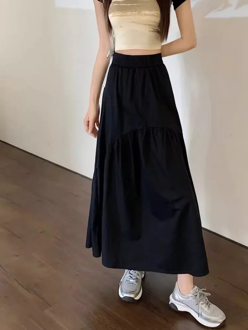 Elegant Women's Skirt Autumn New A-line Simple Fashion Solid Color Bustier Korean Pleated Splicing Elastic Waist Long Skirt