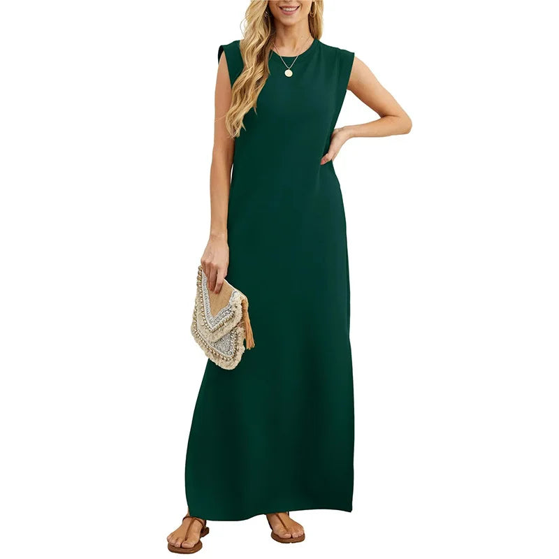 Lady Casual Solid Color Streetwear Summer Fashion Sleeveless Loose Long Dress Woman's Simple Style Slit Hem With Pocket Vestidos