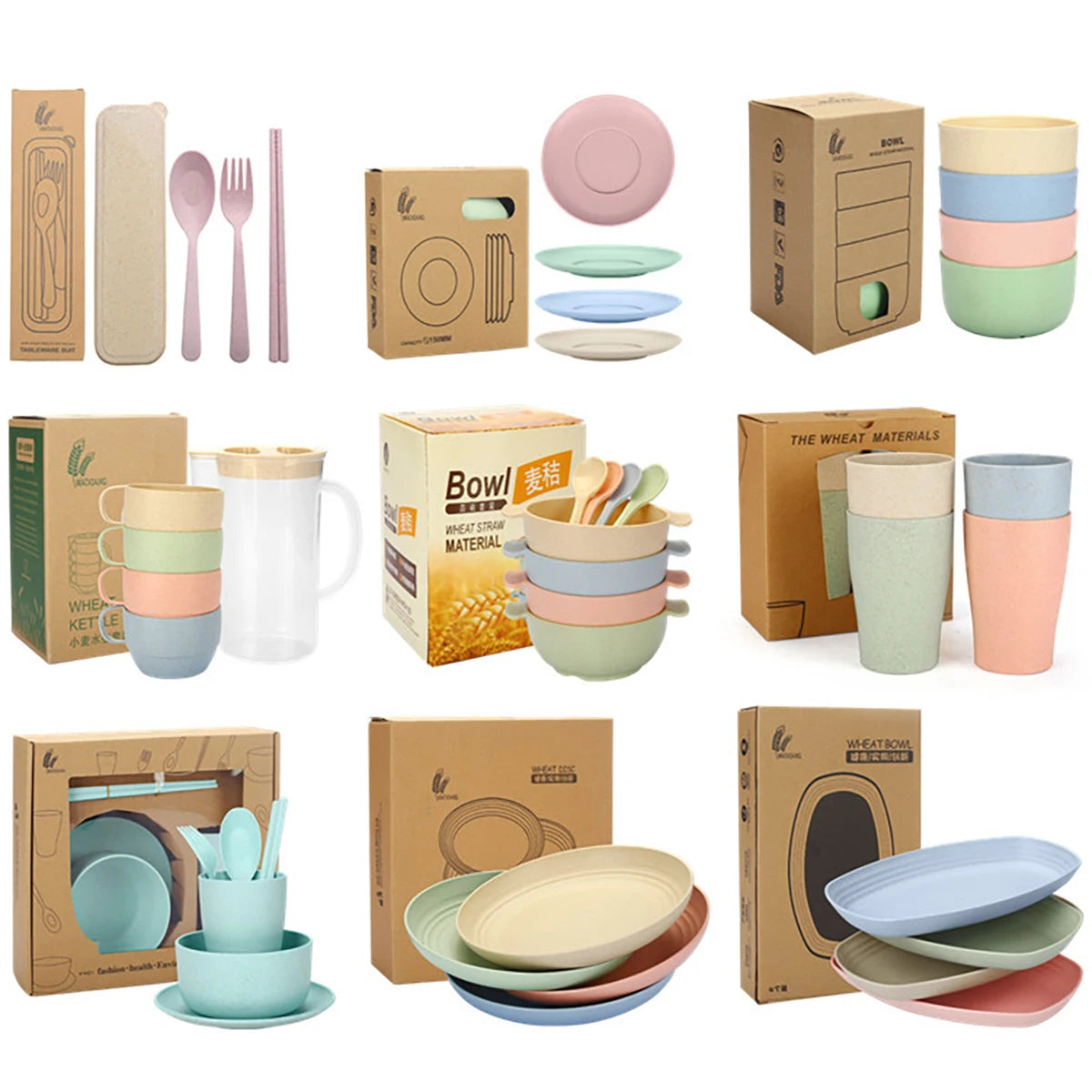 High Grade Wheat Straw Dinnerware Set Children's Unbreakable Dishes Tableware Fork Spoon Chopsticks Bowls Cup Dish Camping Set