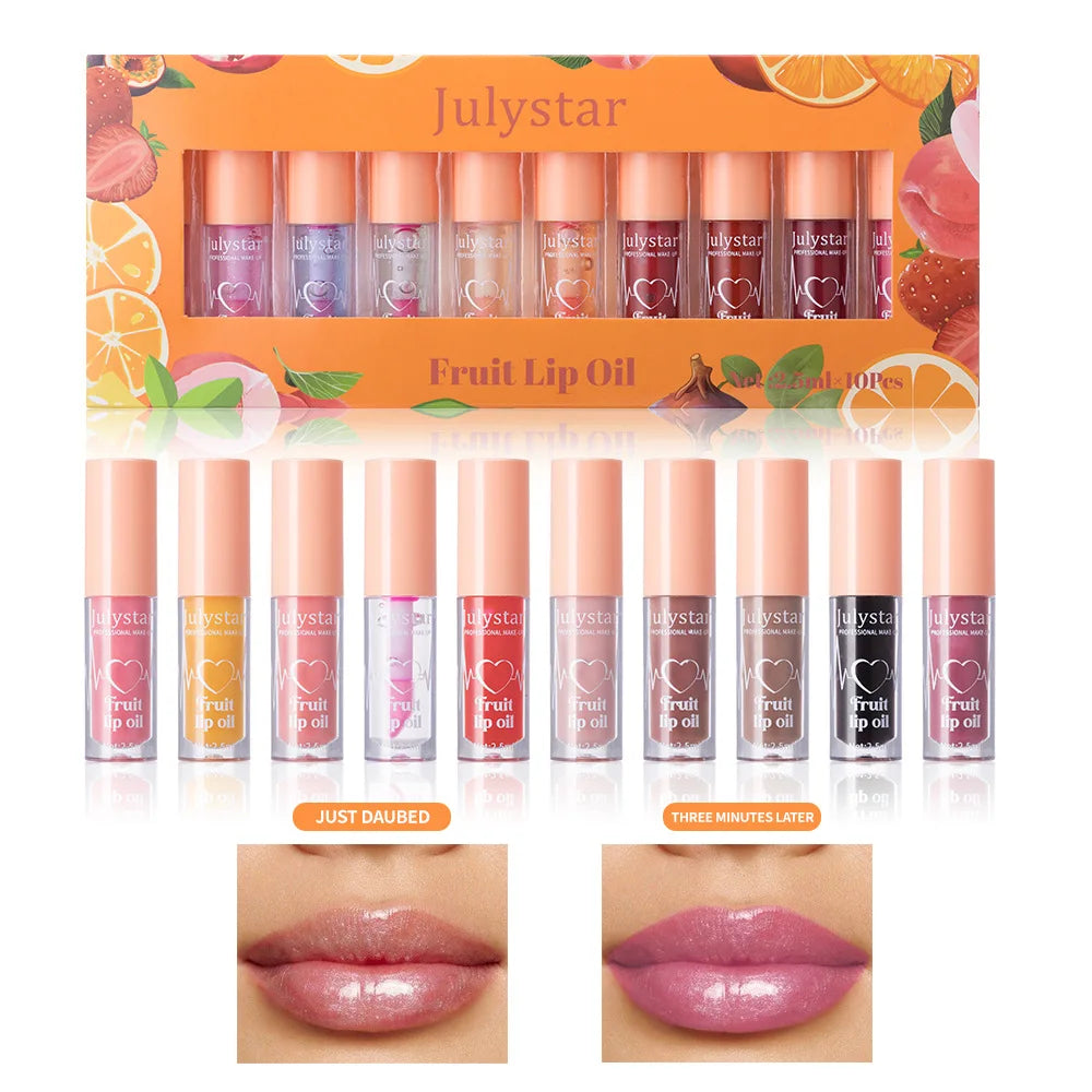 10Color Fruit Flavor Temperature Changing Lip Oil Set Hydrating Glossy Lip Gloss Brightening Water Light Lip Makeup Cosmetic Kit