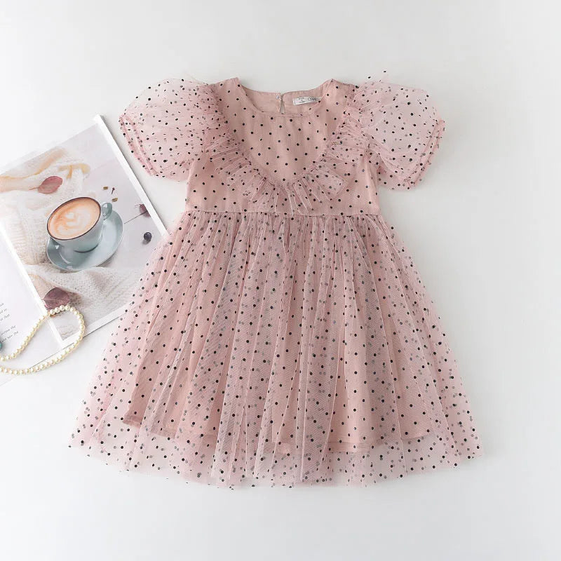 Girls' Style Summer New Dress with Polka Dot Mesh Korean Lace Children's Fashion Beautiful Long Skirt