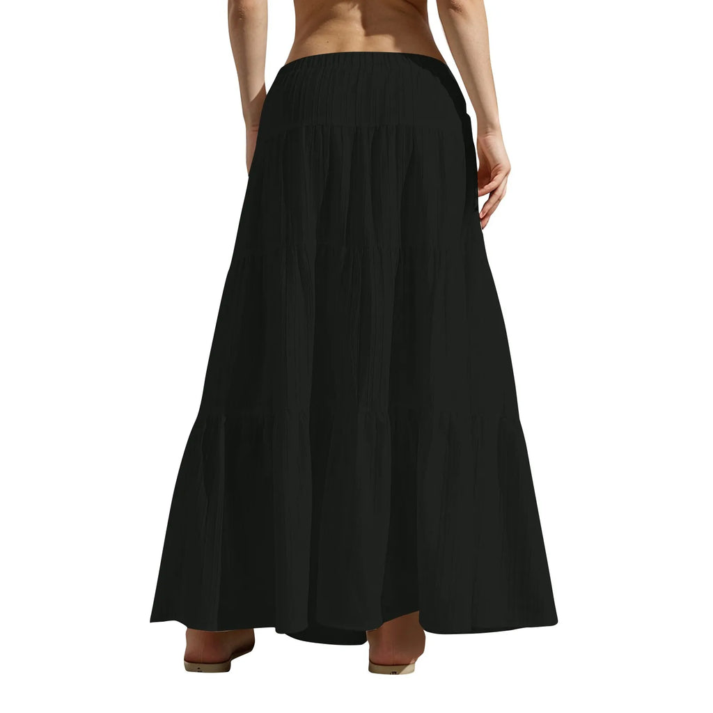 Women's Flared Ruffle Hem Maxi Skirt Fashion Women Solid Long Skirts Elastic Waist Elegant Long Skirt Spring Summer Cake Dress