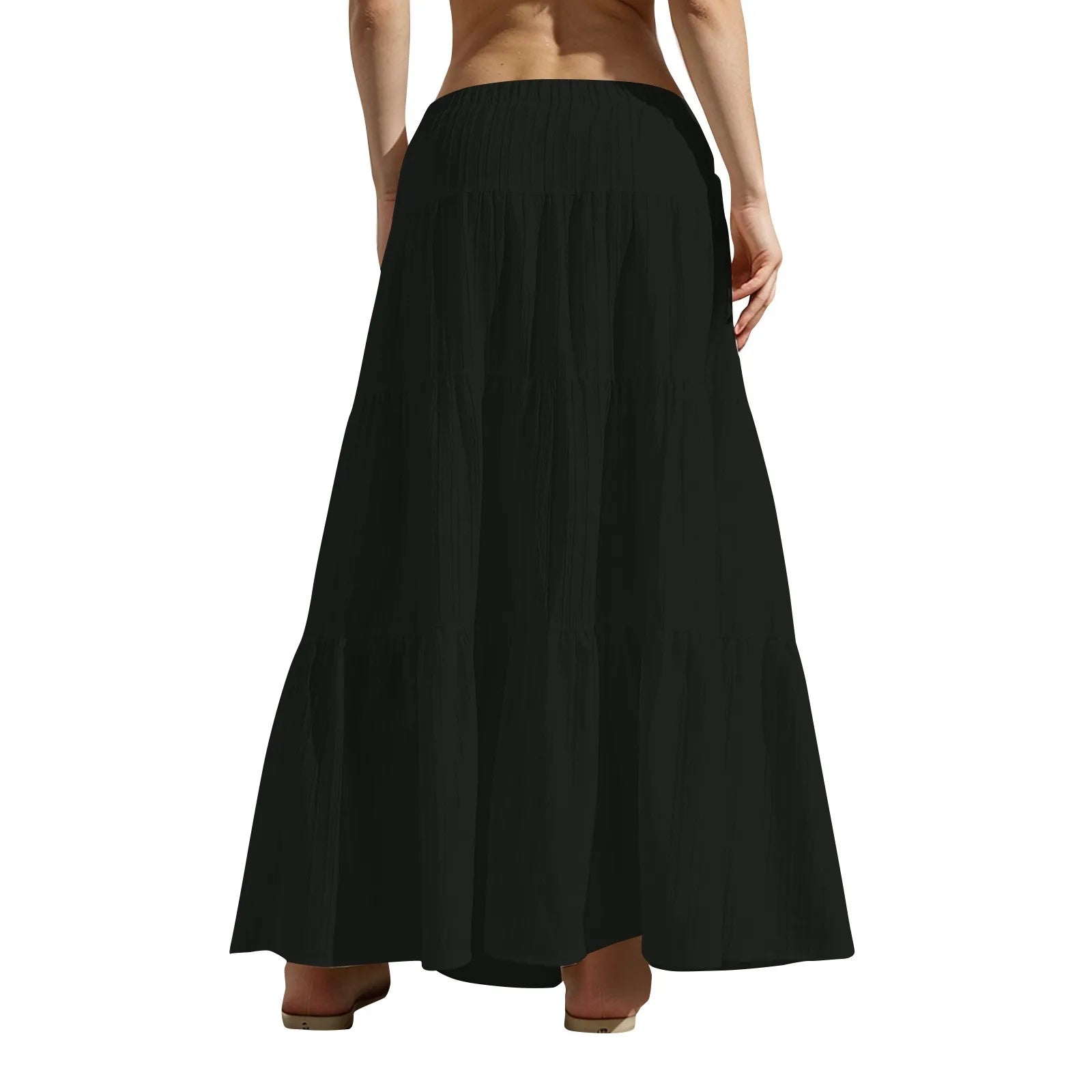 Women's Flared Ruffle Hem Maxi Skirt Fashion Women Solid Long Skirts Elastic Waist Elegant Long Skirt Spring Summer Cake Dress
