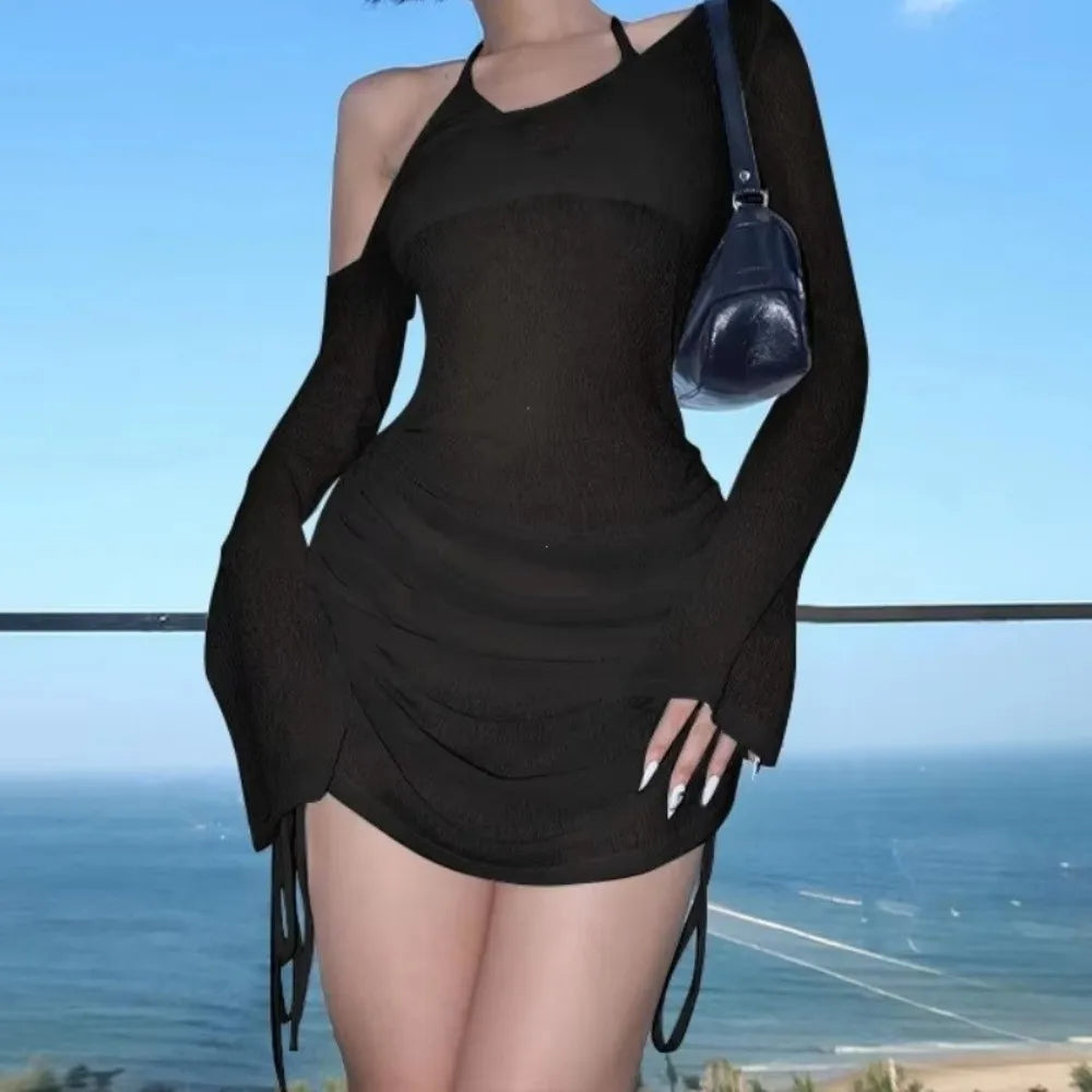 Fashion Solid Color Swimsuit Coverup Lace-Up Skew Collar Drawstring Dress See Through Party Clubwear Dress Beach Party