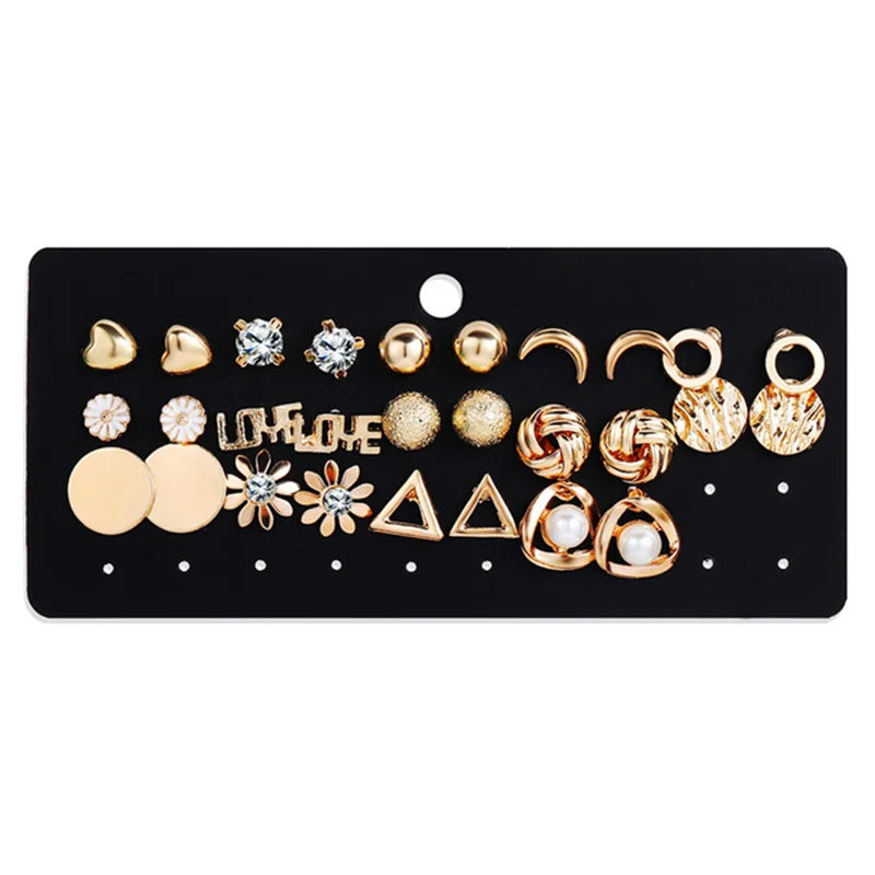 Trendy Vintage Gold Color Earrings Set Pearl Stud Earrings For Women'S Korean Geometric Crystal Small Earrings 2024 Brincosjewelry