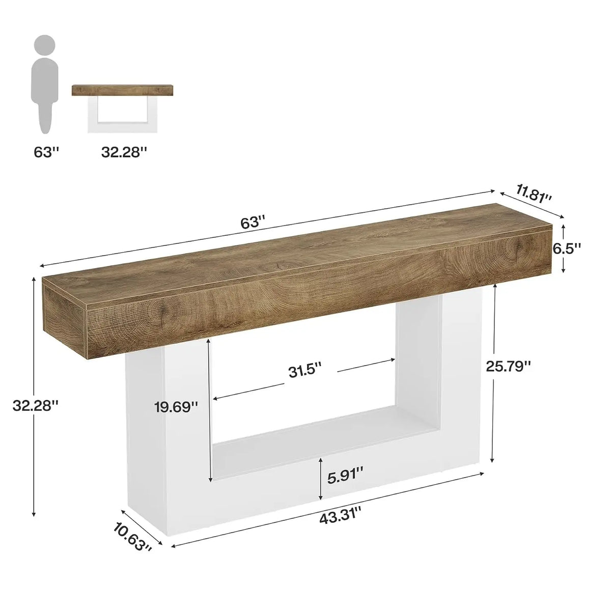 63" Farmhouse 2-Tier Console Table with U-Shaped Base, Narrow Long Wood Sofa Table for Entryway Living Room Hallway, Brown & Whi