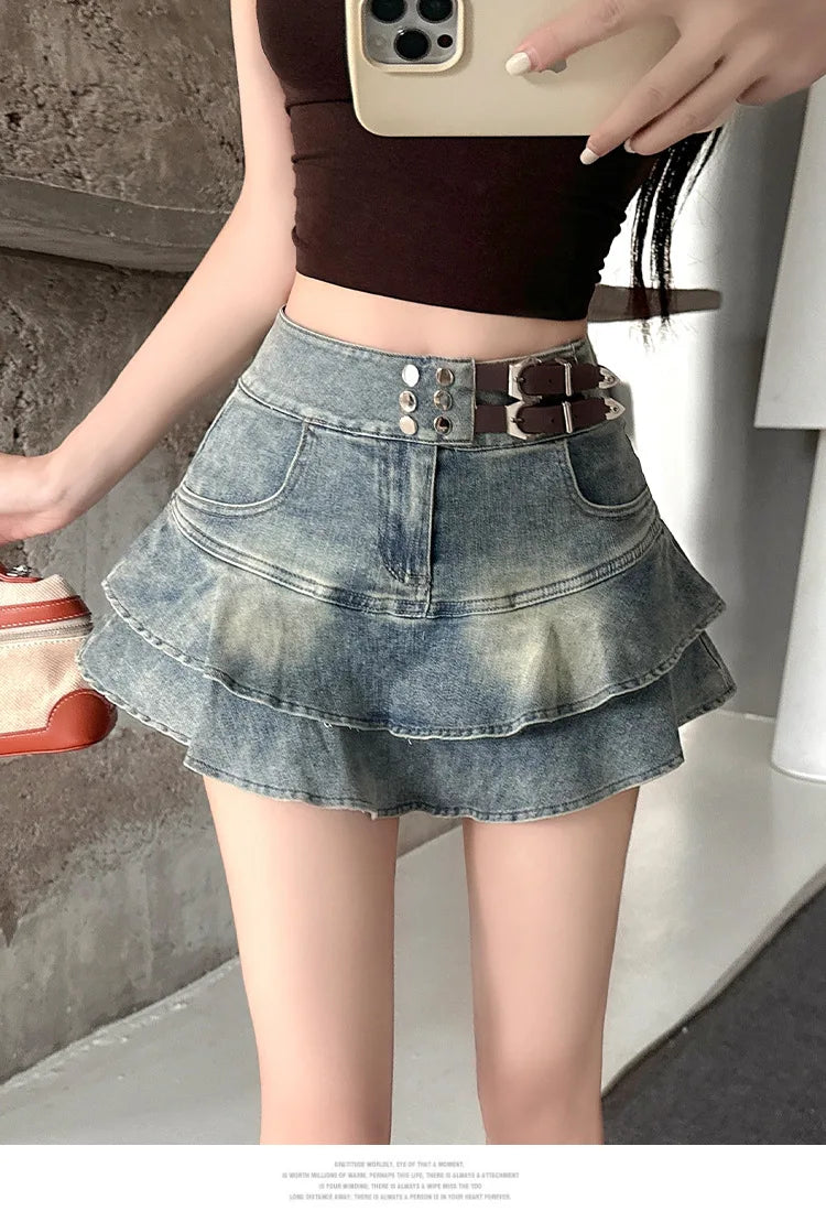 2026 American Pure Desire Spicy Girl Design Elastic Denim Skirt Half-length Pleated Cake Skirt Short Commute High Elasticity