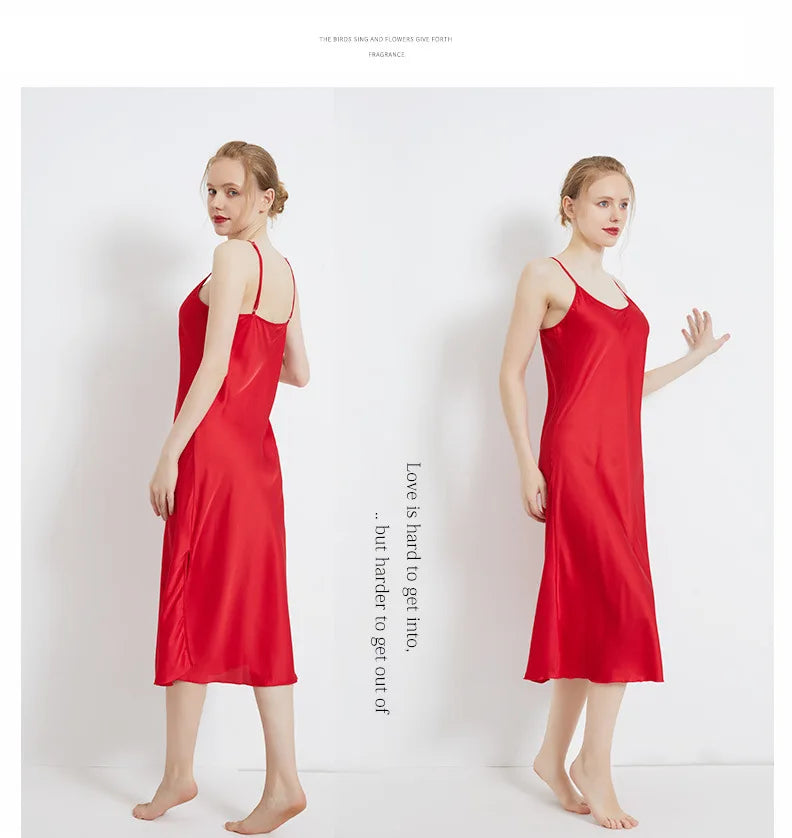 Summer Women Solid Plus Size Ice Silk Sexy Long Spaghetti Strap Nightgown Side Slit Close Fitting Sleep Dress Lingerie Sleepwear