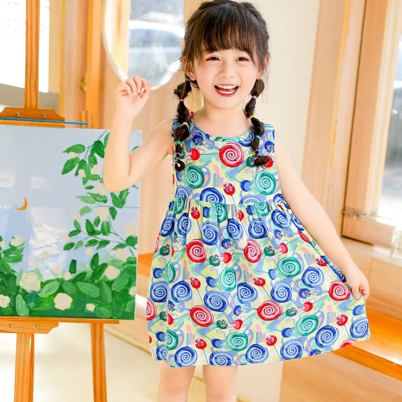 2026 Summer Girls Strapless Dress Baby Poplin Sling Dress Children Floral Pattern Dress Kids Casual Nightdress