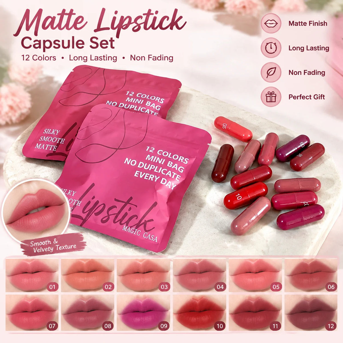 Matte Lipstick Capsule Set 12 Colors Long Lasting Non Fading Perfect Women Gift for Festival Makeup Lip Balm