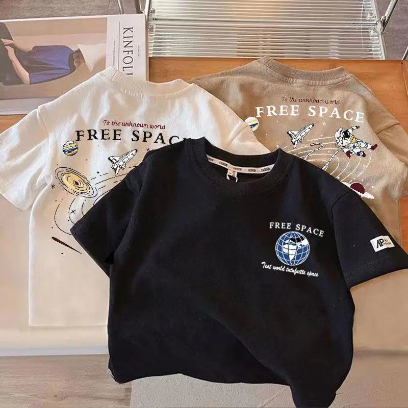 Kids Space Pattern T-Shirt Short Sleeve Crewneck Cotton Blend