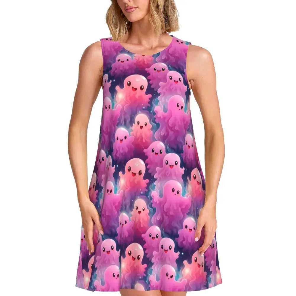 Shiny Graffiti Casual Dress Colorful Print Sleeveless Boho Dresses Women O Neck Street Fashion Dress Day Print Vestidos Present