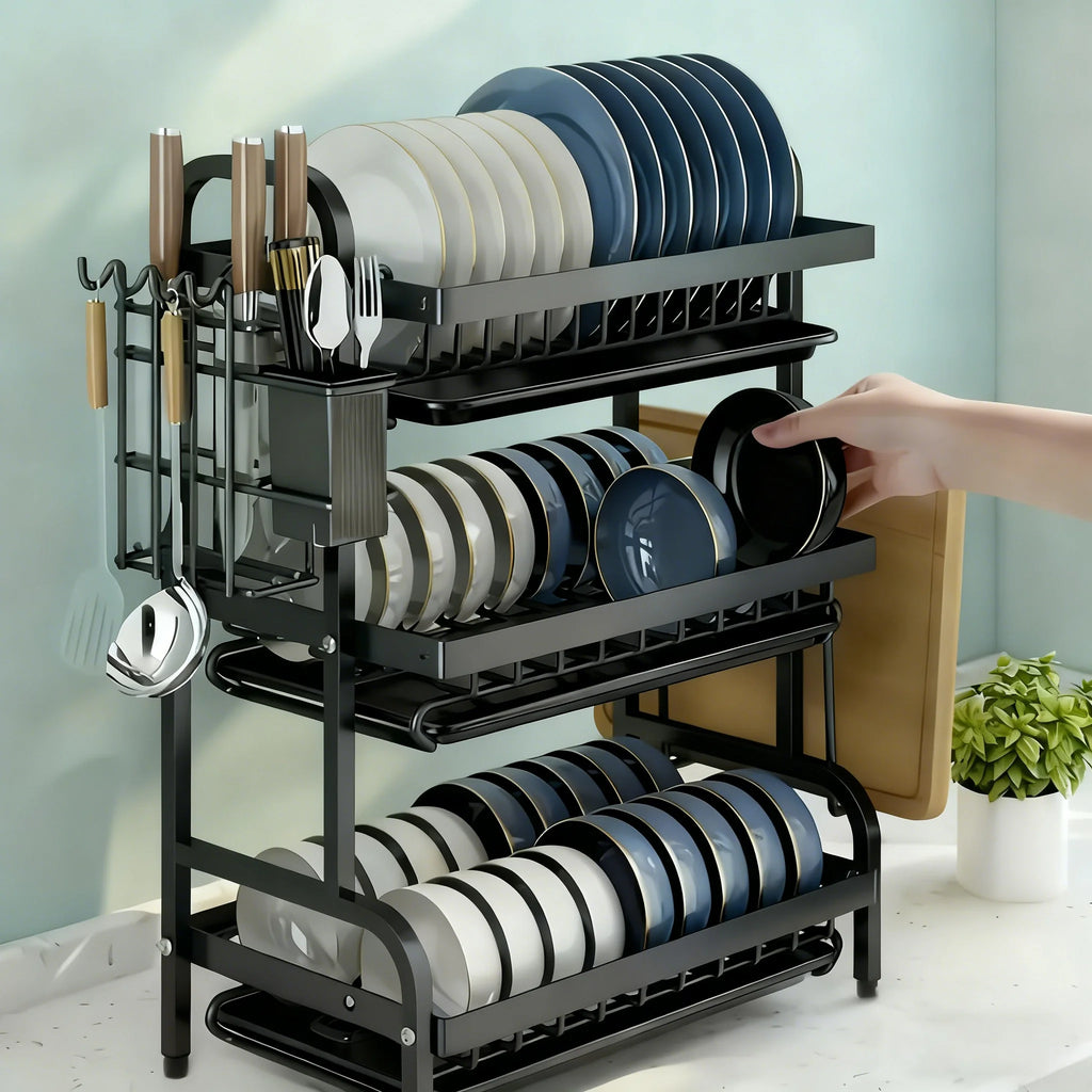 Large 2-3 Tier Vertical Dish Rack/Utensil Holder, Kitchen Storage Rack with Quick Drainage System, Knife and Fork Holder, Cutting Board Storage, Drying Rack - Heavy-Duty Carbon Steel Multifunctional Utensil Organizer, Suitabl