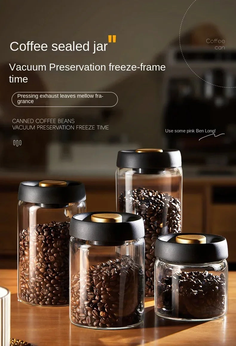 Multi Capacity Black Lid Coffee Pot Manual Vacuum Moisture-proof Storage Pot Kitchen Glass Teapot Coffee Bean Storage Sealed Jar