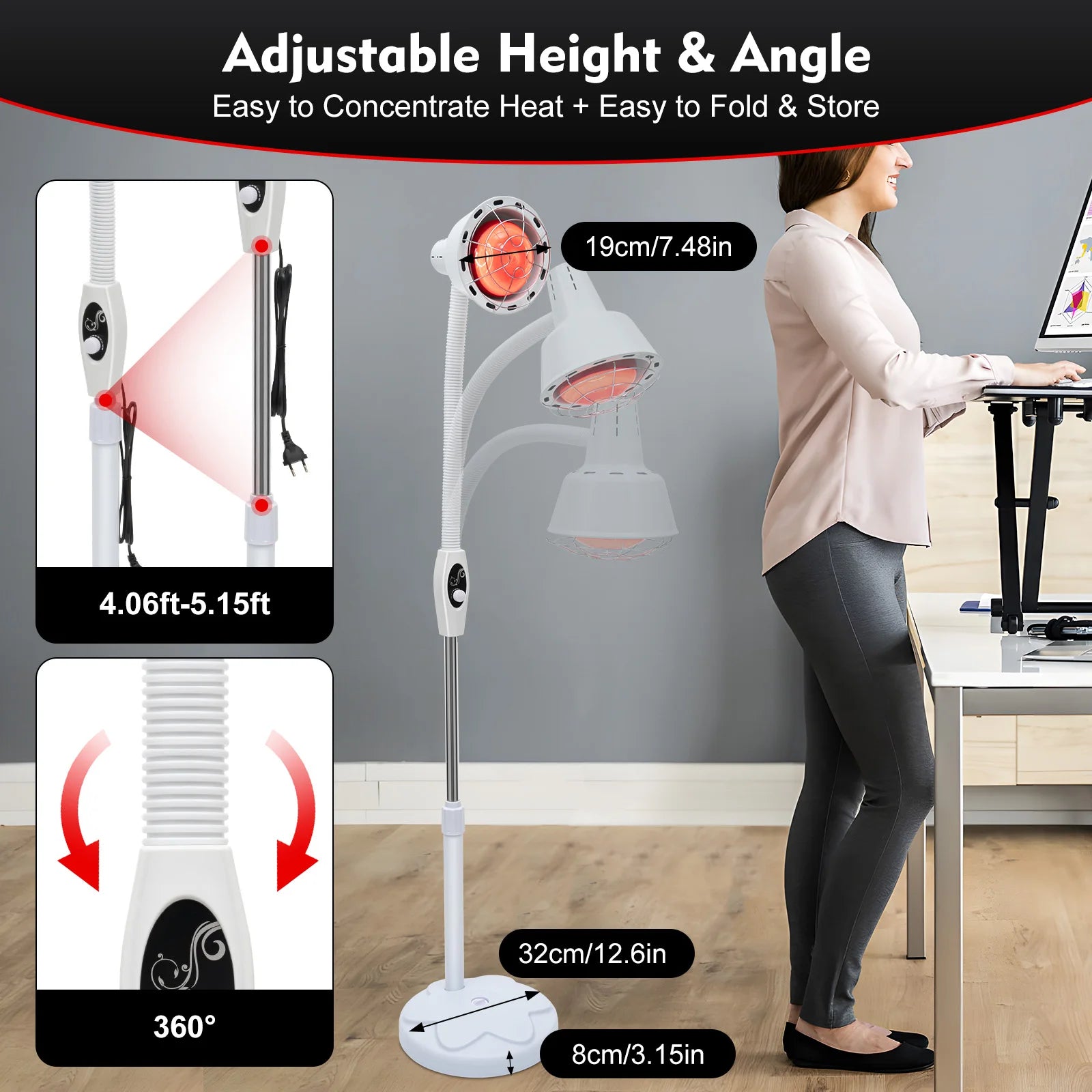 275W Adjustable Infrared Heat Lamp for Muscle&Joint Pain Relief, 360° Rotatable Infrared Baking Light, 0-115℃ Temp Control